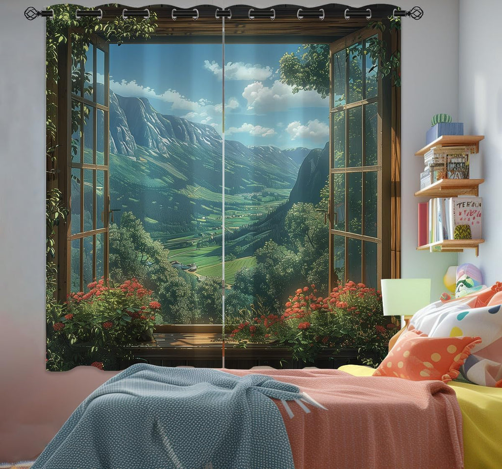 Mountain Blackout Curtains for Girls Boys Teens Home Decor, Spring Sky View Nature Forest Flower Grommet Thermal Insulated Drapes Darkening Window Curtain for Bedroom Living Room, 42 x 63 Inch
