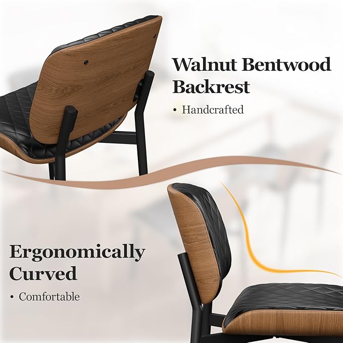 Dining Chairs Set of 2, Mid-Century Modern Upholstered PU Leather Chairs with Walnut Back and Metal Legs Adjustable Feet for Kitchen Dining Room, Black Diamond Plaid