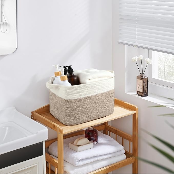Storage Basket for Organizing, Woven Baskets for Storage, Rectangle Decorative Baskets for Shleves, Closet, Toys, Books, Nursery Organizer Bins - Pack of 3 (Brown & White, 13"x9.85"x8.7")
