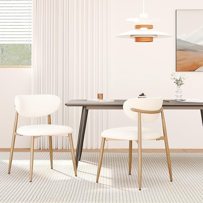 Dining Chairs Set of 2, Upholstered Dining Room Chairs with Metal Legs and Anti Slip Pads, Curved Back Kitchen Chair for Home and Restaurant Use, Beige