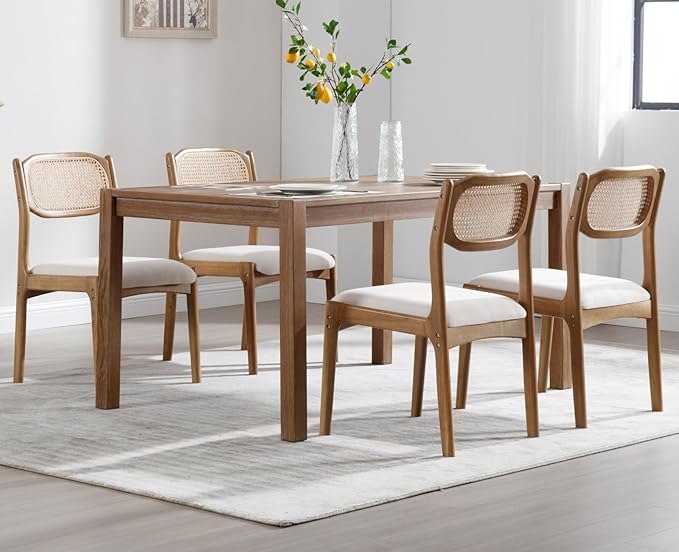 EALSON Mid Century Modern Rattan Dining Chairs Set of 4 Upholstered Linen Dining Room Chairs with Cane Back Farmhouse Kitchen Chairs Comfy Side Chair with Hardwood Frame,Beige