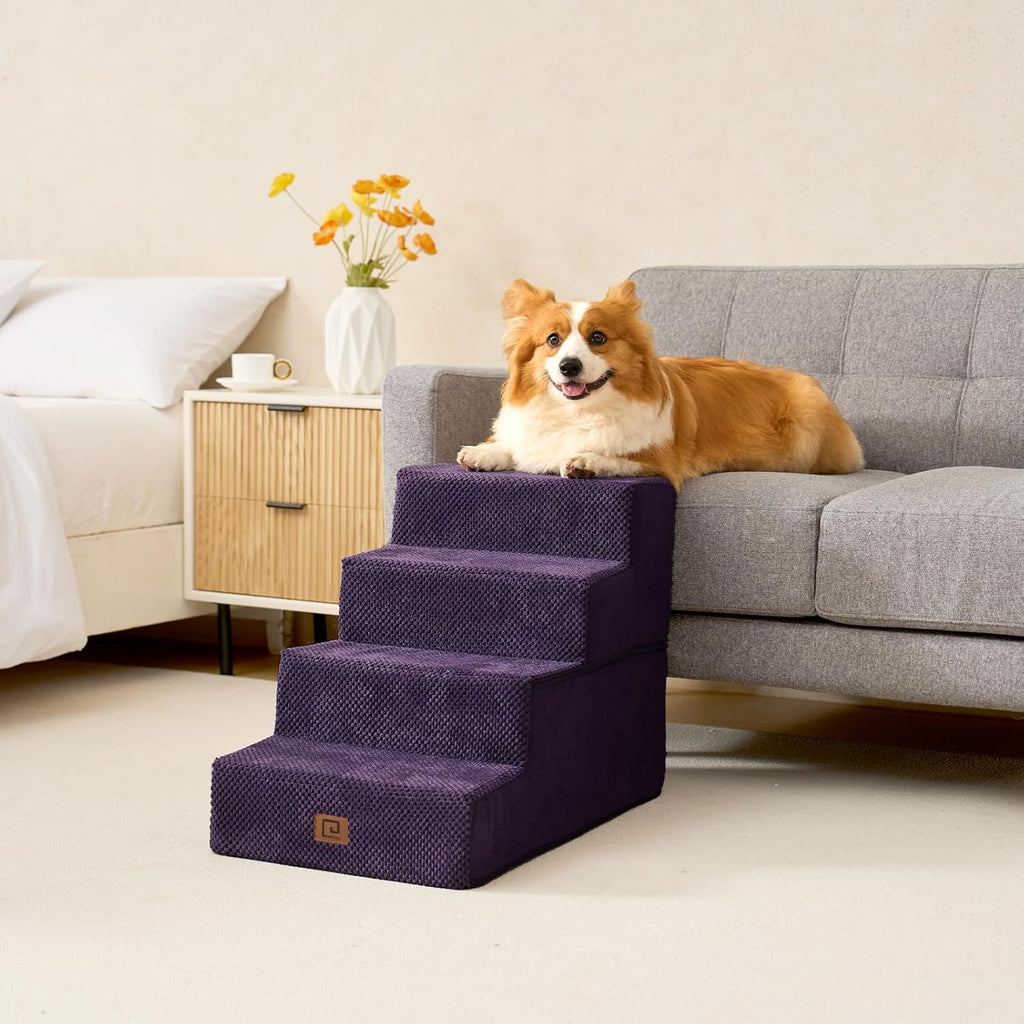 EHEYCIGA Dog Stairs for Bed 18" H, 4-Step Dog Steps for High Bed, Pet Steps for Small Dogs and Cats, Non-Slip Balanced Pet Ramp Indoor, Purple