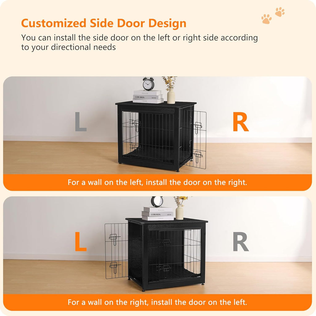 DWANTON Dog Crate Furniture with Cushion, Wooden Kennel Table with Double Doors, Indoor Dog House, Small/Medium/Large Size, 27.2" L, Black