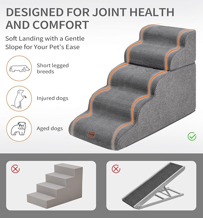 Made4Pets Dog Stairs Ramp for High Bed 22.8" H, 5-Step Pet Stairs for Bed Couch Sofa Climbing, 35D Foam Pet Steps for Small Dogs and Cats, Non-Slip Bottom Dog Steps, Grey