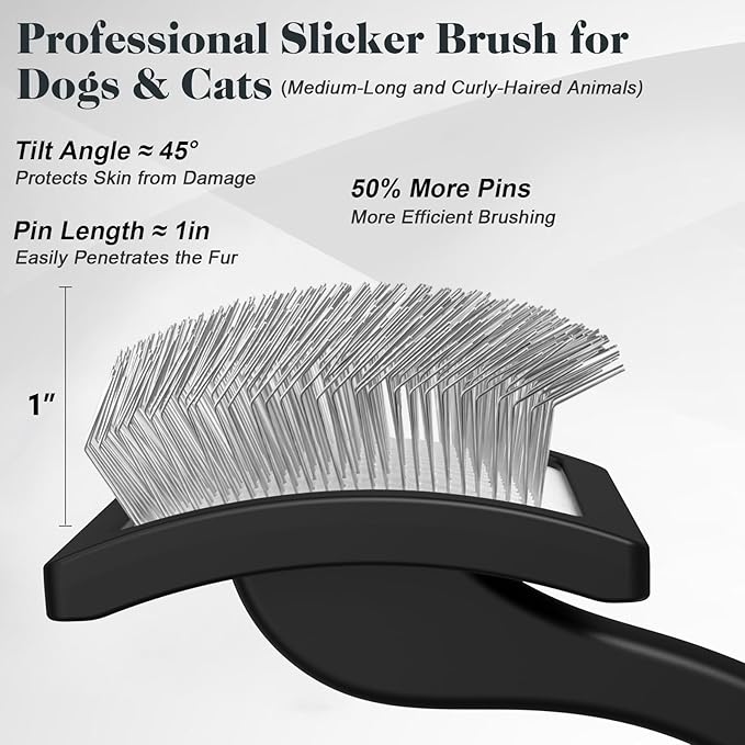 2PCS Slicker Brush for Dogs & Pet Comb,Professional Dog Grooming Brush (Goldendoodles,Poodles,Labradoodles) with Extra Long Pins to Effectively Remove Tangles, Knots and Mats (Black, Large)