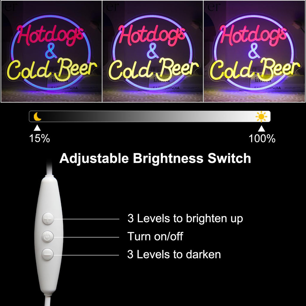 Hot Dogs and Cold Beer Neon Sign for Wall Decor Dimmable Bar Neon Light Sign Colorful LED Neon Signs Beer Neon Light Wall Art LED Sign for Bar Restaurant Shop Food Court Party Decor