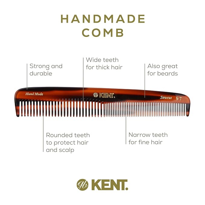 Kent 9T Tortoiseshell Fine Tooth and Wide Tooth Comb - Large Handmade and Saw-Cut Fine Hair Dressing Comb - Wet Hair Detangler Combs for Women and Durable Grooming Made in England