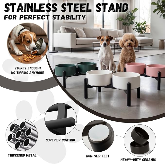 Raised Ceramic Dog Bowl Set with Stand, 3.5 Cups Elevated Dog Food Stand | 6.1'' Double Dog Food and Water Bowl Set, Non-Slip Dog Feeding Dishes for Small to Medium Breeds, 29.57 OZ, Grey
