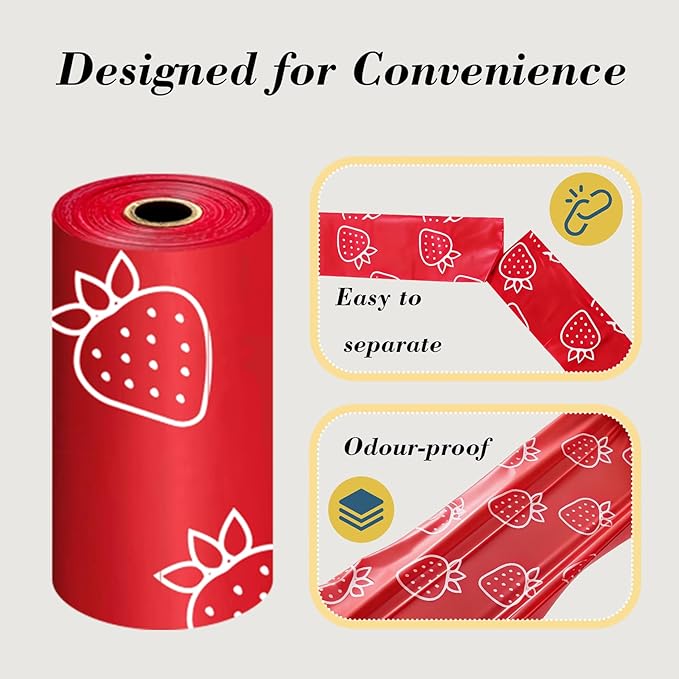 Strawberry Scented Dog Poop Bags - 120 counts red Pet Waste Bags with Dispensers, Extra Large 13x9 Inch Leak-Proof Fragrance Bags for Dogs Walking and Cat Litter