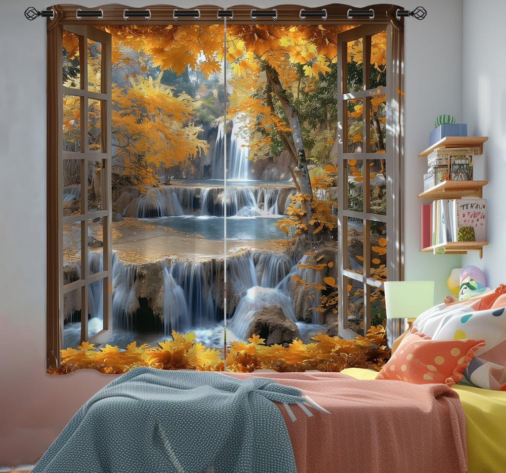 Landscape Blackout Curtains for Girls Boys Teens Home Decor, Nature 3D Autumn Fall Forest Maples Grommet Thermal Insulated Drapes Darkening Window Curtain for Bedroom Living Room, 63 x 63 Inch