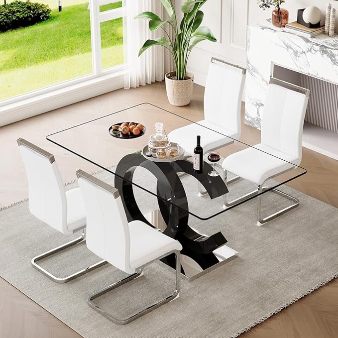 63'' Glass Dining Table Set for 4, Kitchen Table Chairs Set of 4, Clear Glass Dining Table with Black unique design Leg and Silver Metal Base, 4 PU Dining Chairs with Metal Legs, Living Room, Kitchen.