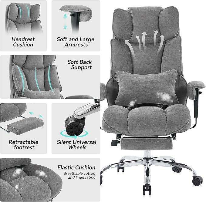 Efomao Executive Office Chair, Soft-Cushioned Computer Chair with Foot Rest, Fabric Home Office Desk Chairs, Big and Tall Office Chairs, Grey