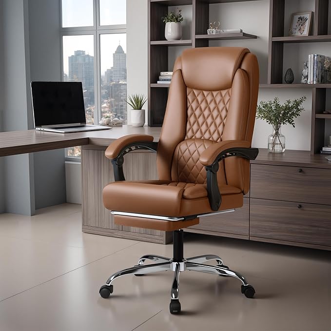 Furmax Office Chair with Footrest Ergonomic High Back Design Executive Computer Desk Chair400lbs, 90-135° Reclining Leather Home Office Desk Chairs Swivel Task Chairs with Wheels (Brown)