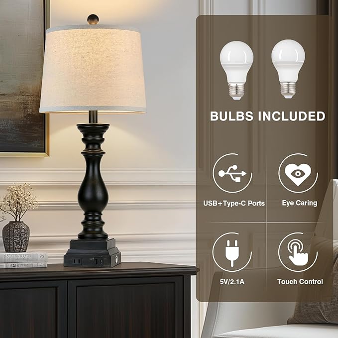 28" Farmhouse Table Lamps Set of 2 with USB C+A Ports and AC Outlet, 3 Way Touch Tall Vintage Bedside Lamp for Living Room, Black Rustic Nightstand Lamp for Bedroom Office