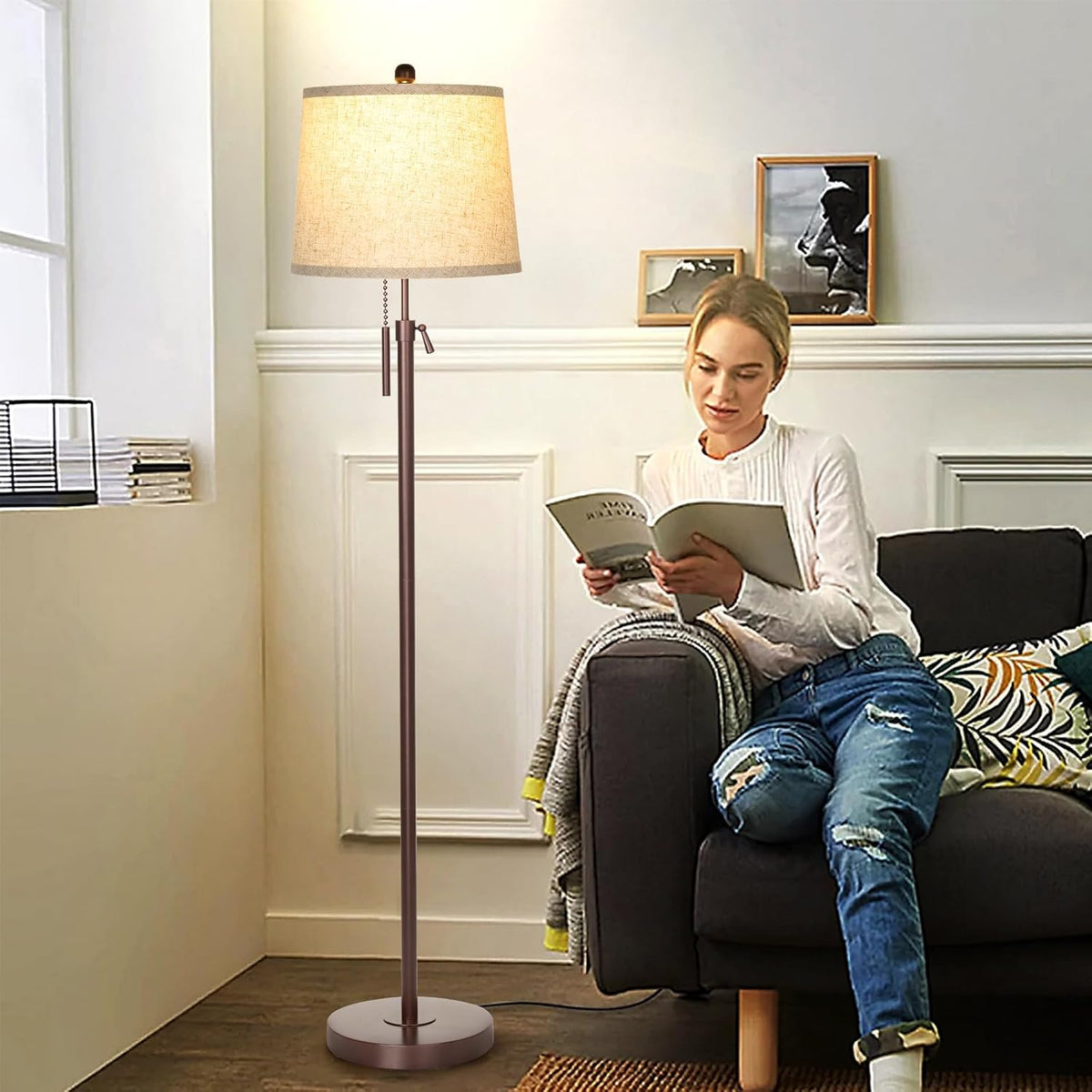 Modern Floor Lamp Adjustable Height Standing Lamp Tall Lamp with 3 Color Temperatures Floor Lamps for Living Room Bedroom Office Beige Shade Bulb Included-Brown