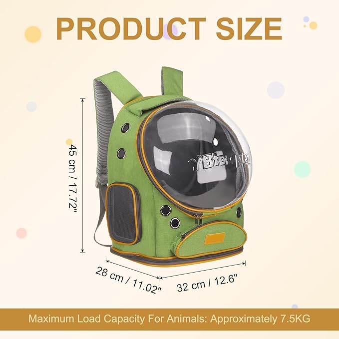 Pet Backpack Carrier, Portable and Ventilated, Oxford Cloth, Dog Cat Travel Bag with Transparent Cover 12.6", (Green, 1 Pcs), Intended for Hiking/Camping/Traveling