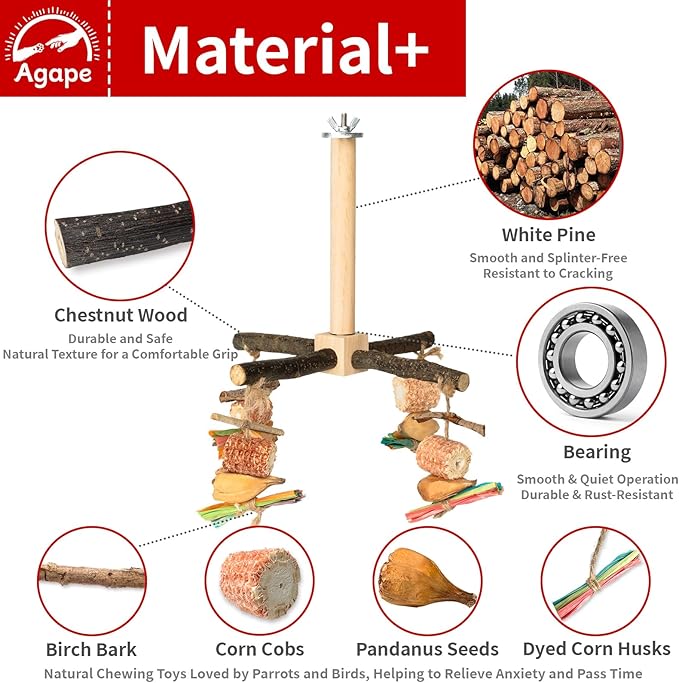 Agape Rotating Parrot Perch Toy with Chew Toy, Natural Wooden Perch Stand for Small & Medium Birds, Bird Cage Accessory with Exercise Wheel for Parakeets Cockatiels Lovebirds Conures Finches Budgies