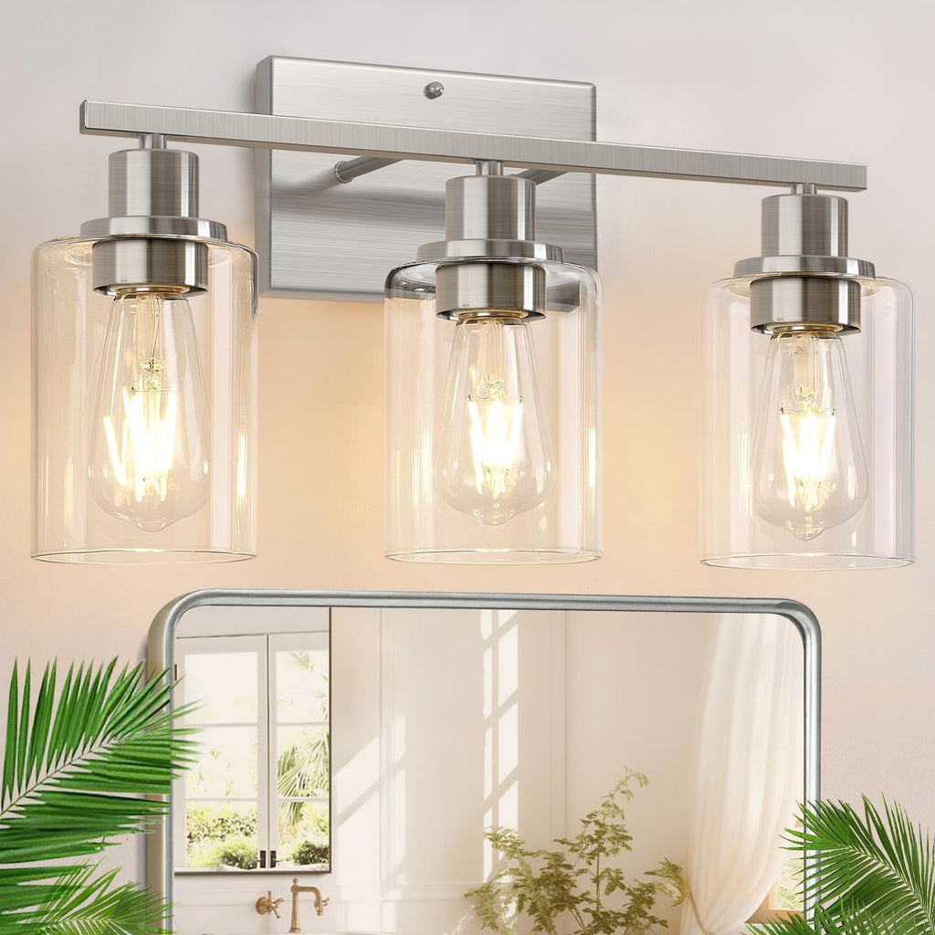 3-Light Bathroom Light Fixtures, Brushed Nickel Vanity Lights with Clear Glass Shades, Modern Bathroom Wall Lamp for Mirror Living Room Cabinet Bedroom Porch