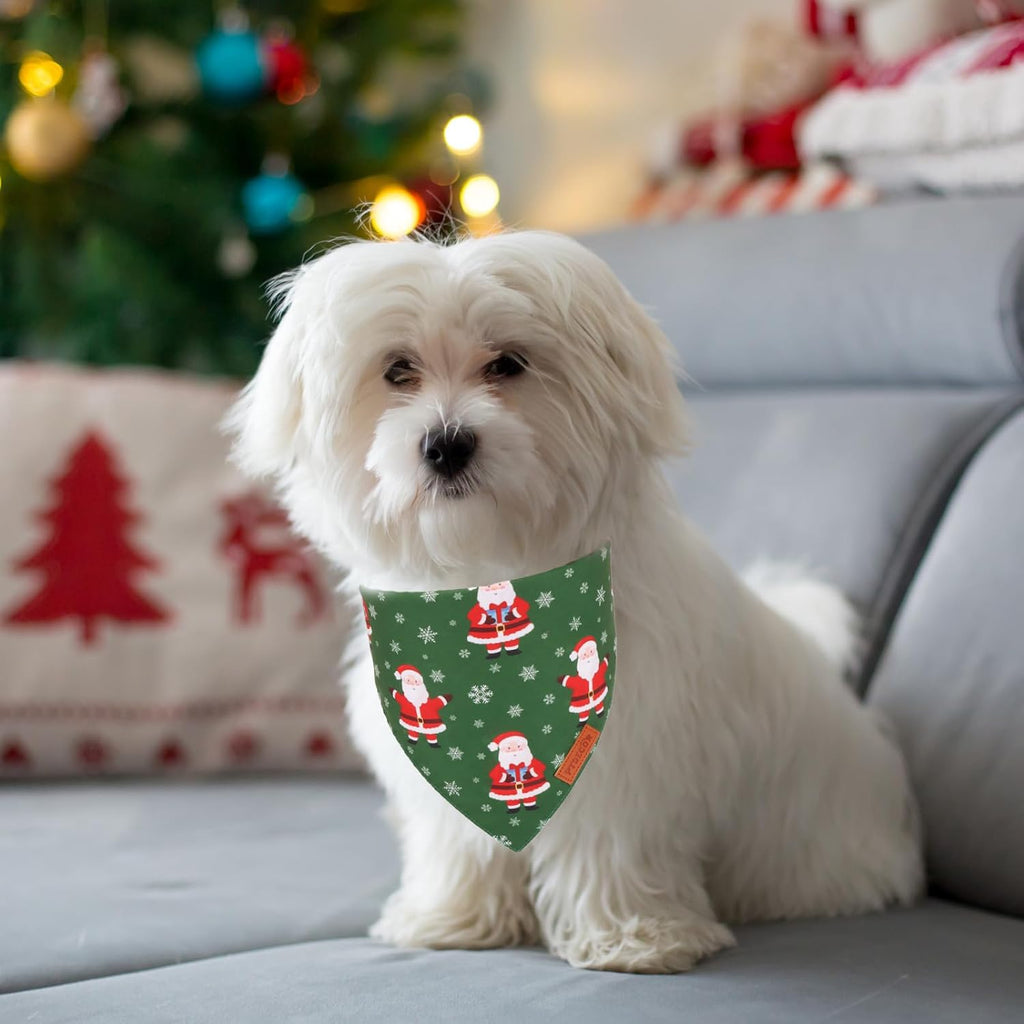 PTDECOR Christmas Dog Bandana, Xmas HOHO Santa Design Reversible Holiday Dog Scarf, Triangle Christmas Bandanas for Small Pets (Small)