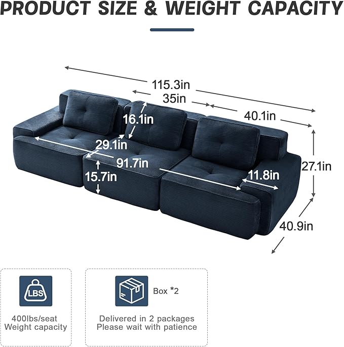 115" Modern Corduroy Cloud Sofa, Boneless Modular Large Sectional Couches for Living Room, Blue 3 Seater Compressed Memory Foam Couch, Extra Deep Seat, No Assembly