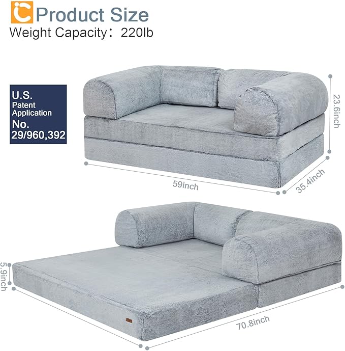 COMAX Folding Sofa Bed Queen, Foldable Couch Bed, Fold Out Futon Chair Sleeper for Adults, Convertible Floor Mattress Sofa for Bedrooom Living Room, Snow Light Grey
