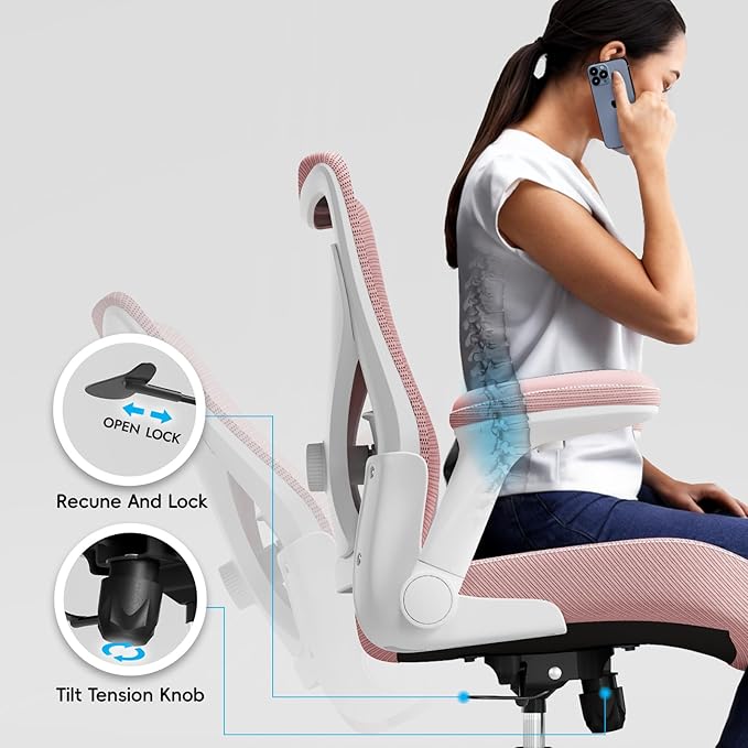 Office Home Ergonomic Desk Chair-Computer X-Shaped Chair Mesh PU Leather with Adjustable Lumbar Support-Executive Chair High Back Flip-Up Arms for Long Hours (Pink-No Headrest)