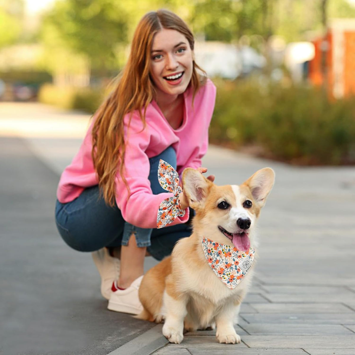 E-Clover Dog Bandanas & Matching Scrunchie Set Cute Flower Dog Scarf Bibs Girl Pet Bandana with Bow Tie for Medium Large Dogs Owner Mom Spring