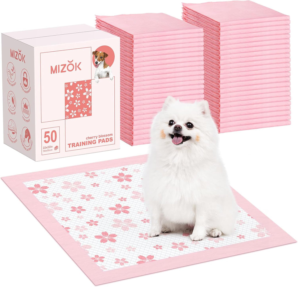 MIZOK Puppy Pads 22"x 22" with Leak-Proof Quick-Dry Design Pee Pads for Dogs Potty Training, 6-Layer Standard Absorbency Dog Pee Pads Regular Size, Pink Cherry Blossom Pattern (50 Counts)