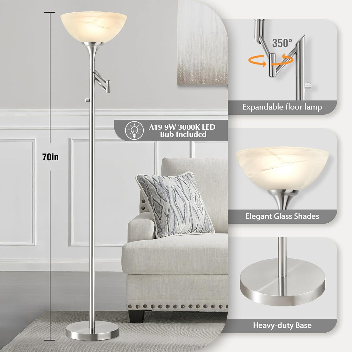 Floor Lamps for Living Room Silver, 70" Tall Standing Lamp with Glass Shade, Bedroom Floor Lamp with 350°Adjustable Swing Arm Lamp, Pole lamp for Bedroom, Living Room, Office, Bulbs Included