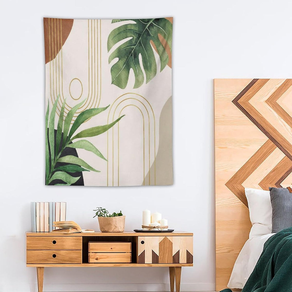 Abstract Boho Tapestry, Mid Century Tropical Tree Leaves Modern Geometric Arch Bohemian Botanical Tapestry, Home Aesthetic Wall Hanging Art Decor for Living Room Bedroom Dormitory 40x60 Inch