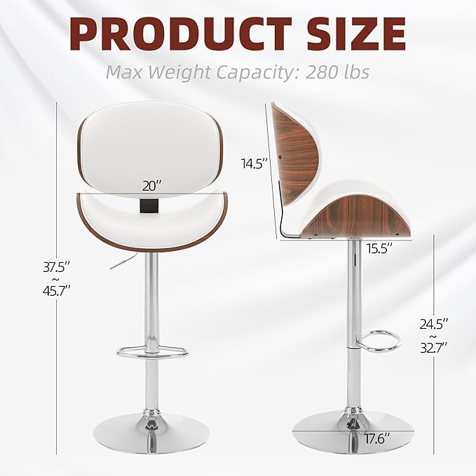 civama Bar Stools Set of 2 for Kitchen Counter, Adjustable Bar Height Chairs, Modern Swivel Barstools with Bentwood Seat and Back with Footrest, for Kitchen Island, Dining Room, White PU Leather