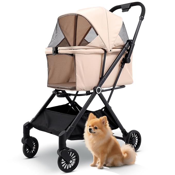 4 Wheels Pet Stroller, One-Step Folding Puppy Cage Jogger Stroller with Sun Cover, Pad and Breathable and Visible Mesh for Small/Medium Pets up to 50 lbs