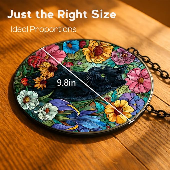 9.8in Stained Glass Window Hanging， Black Cat and Colorful Flowers Sun Catchers Indoor Window， Core Decor Inside and Outside The Cottage， Gifts for Women -721