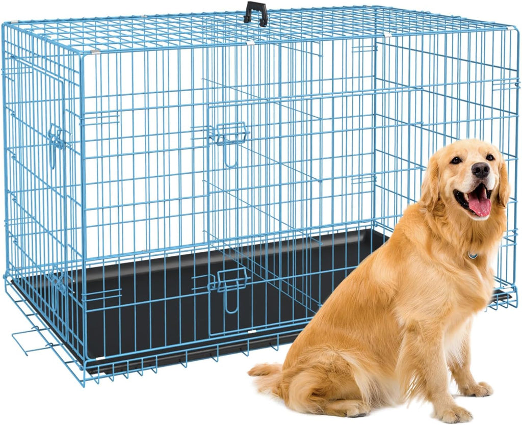 BestPet | Dog Crate | 42" | Blue | Foldable Metal Kennel with Double Doors, Secure Slide-Bolt Latches, Leakproof Tray | Portable Dog Cage for Large Breeds | for Travel, Indoor & Outdoor Use