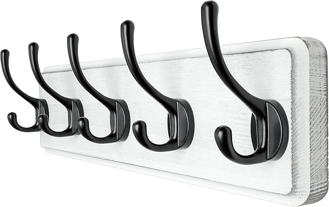 Dseap Coat Rack Wall: Patented, Heavy-Duty, 17.4" Long 5-Double-Hooks Wooden Wall Mounted Coat Rack Coat Hanger Hook Rail for Winter Coats Hat Jacket Clothing, White & Black