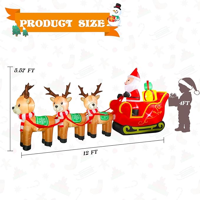Bshine Christmas Inflatable Outdoor Decorations,12FT Long Santa Claus on Sleigh with Reindeer Deer Sign, Christmas Blower Up with LED Lighted for Holiday Outdoor/Indoor Home Garden Yard Lawn Decor