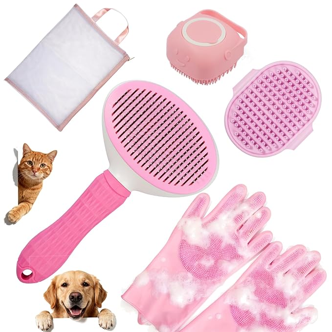Dog Bath Supplies, 6PCS Bath Grooming Kit with Storage Bag - Self Cleaning Slicker Brush, Shampoo Brush & Scrubber, Dog Grooming Gloves for Short & Long Haired Dogs & Cats (Pink)