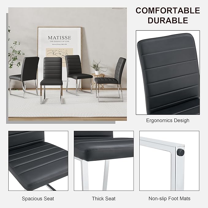 Modern Dining Chairs Set of 4, White Faux Leather Kitchen Chairs, Upholstered Armless Dining Room Chair with Gold Mental Legs Heavy Duty, Comfortable (Black Chairs, Set of 6)