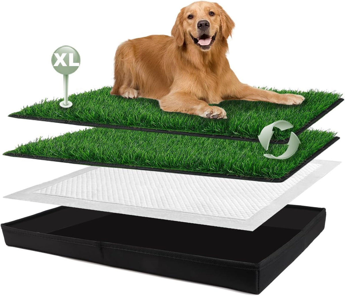 Dog Grass Pad with Foldable Dog Litter Box, Extra Large Liner Base (44”×34”) for Balcony, 2 Artficial Grass Pee Pads for Dogs, Pee Pad Holder, Potty Training