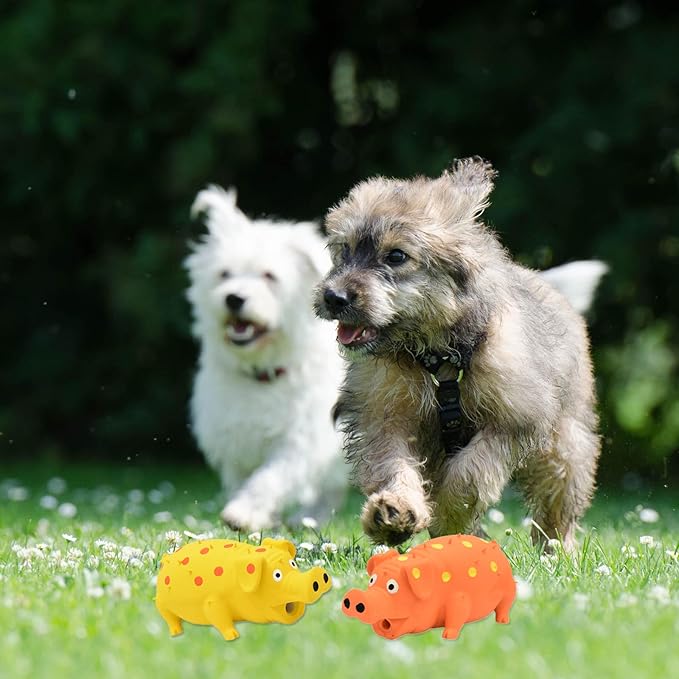 Pig Squeaky Dog Toy, 2 PCS Interactive Rubber Dog Chew Toy - Durable Latex Spot Grunting Pig Toys That Oink for Small Medium Large Dogs (Orange, Yellow)