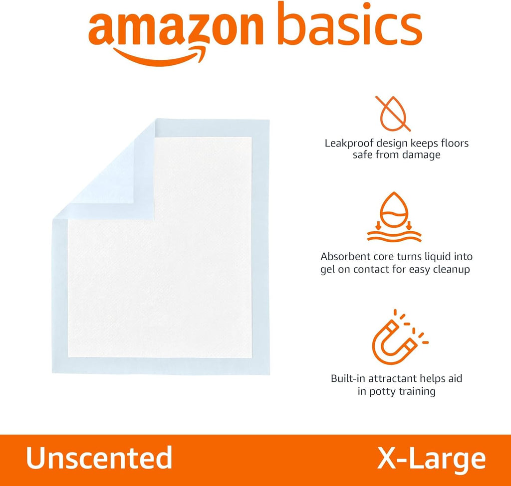 Amazon Basics Puppy Pads with Quick-Dry 5-Layer Leak-Proof Design for Potty Training, X-Large Size 28 x 34 Inch, Pack of 40, Blue & White