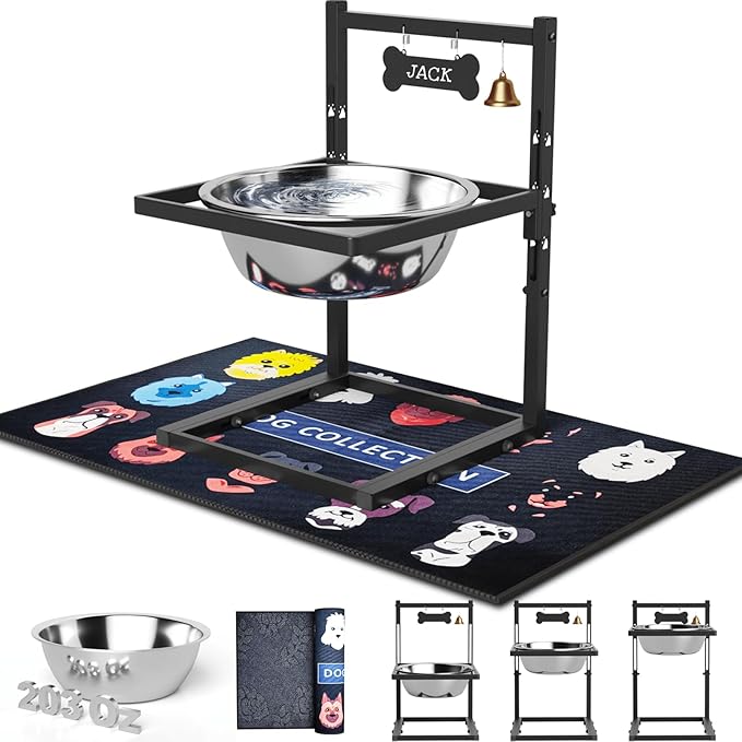 1.6Gallon Elevated Dog Water Bowl for Large Dogs, Height Adjustable (10-17.8in) Raised Stainless Steel Bowl with Spill-Proof Mat & Sturdy Metal Stand, Easy-Clean Feeder for Indoor/Outdoor Use
