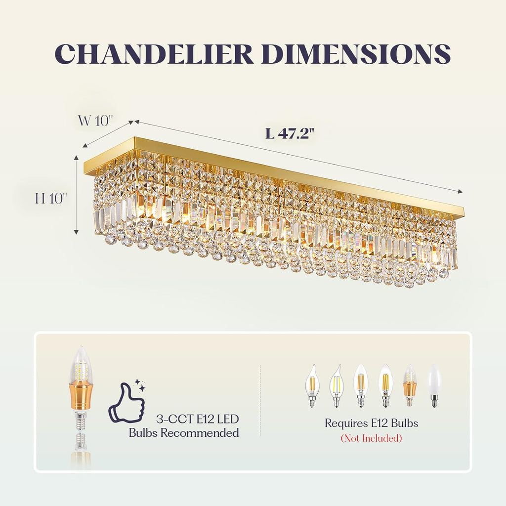 10 Lights Gold Flush Mount Rectangle Chandelier, Modern K9 Crystal Chandeliers Light Fixture Rectangular Raindrop Chandelier Pendant Island Light for Living Dining Room Kitchen Bar L47 Inch