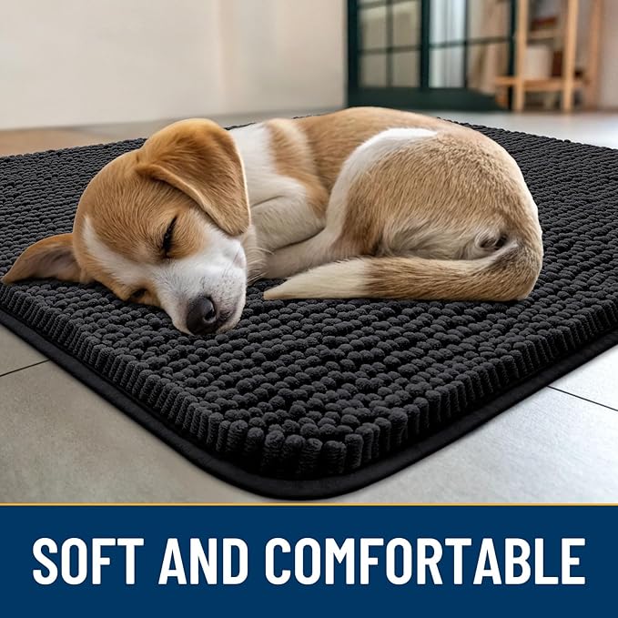 Smiry Dog Door Mat for Muddy Paws 70x32, Absorbs Moisture and Dirt Doormat, Non-Slip Washable Quick Dry Chenille Front Door Mat Indoor Entrance, Entryway Carpet for Inside Floor, Black
