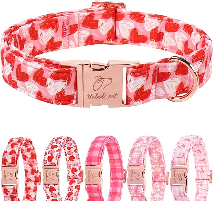 Valentines Dog Collar, Cute Pink Valentine Dog Collars, Doodle Heart Pattern, Adjustable Heavy Duty Pet Collar for Small Medium Large Dogs with Metal Buckle XS