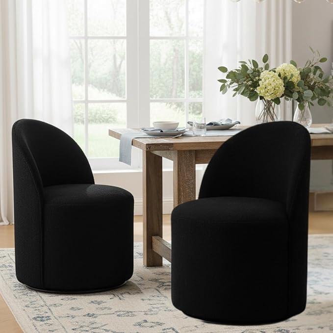 Modern Barrel Dining Chairs Set of 2, Swivel Base Black Sherpa Accent Chair 360°Rotating Mid-Century Dining Side Chair Kitchen Chair for Living Room, Bedroom, Home, Office, Kitchen