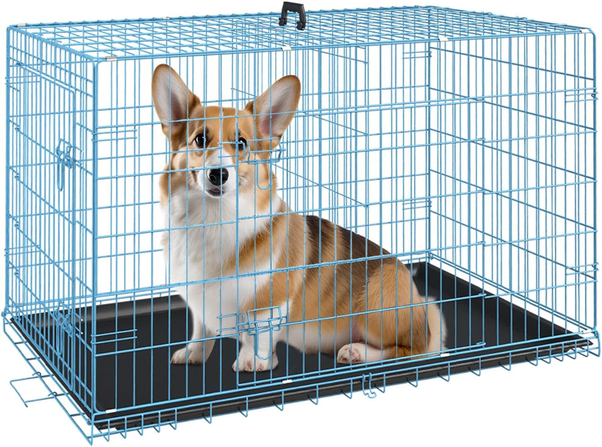 FDW Dog Crate for Medium Dogs 30 Inch Folding Metal WirePet Cage Double Door W/Divider Panel Indoor Outdoor Kennel Leak-Proof Plastic Tray,Blue