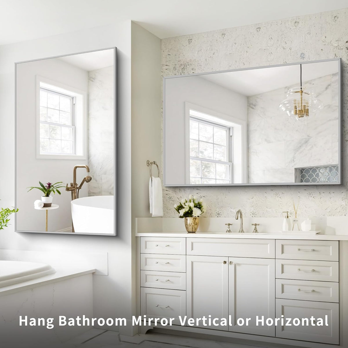 36x55inch Bathroom Mirror, Silver Rectangle Mirror with Thin Metal Frame, Large Rectangular Wall Mirrors for Bathroom, Living Room, Hair Salon, Big Mirror Hang Horizontal/Vertical