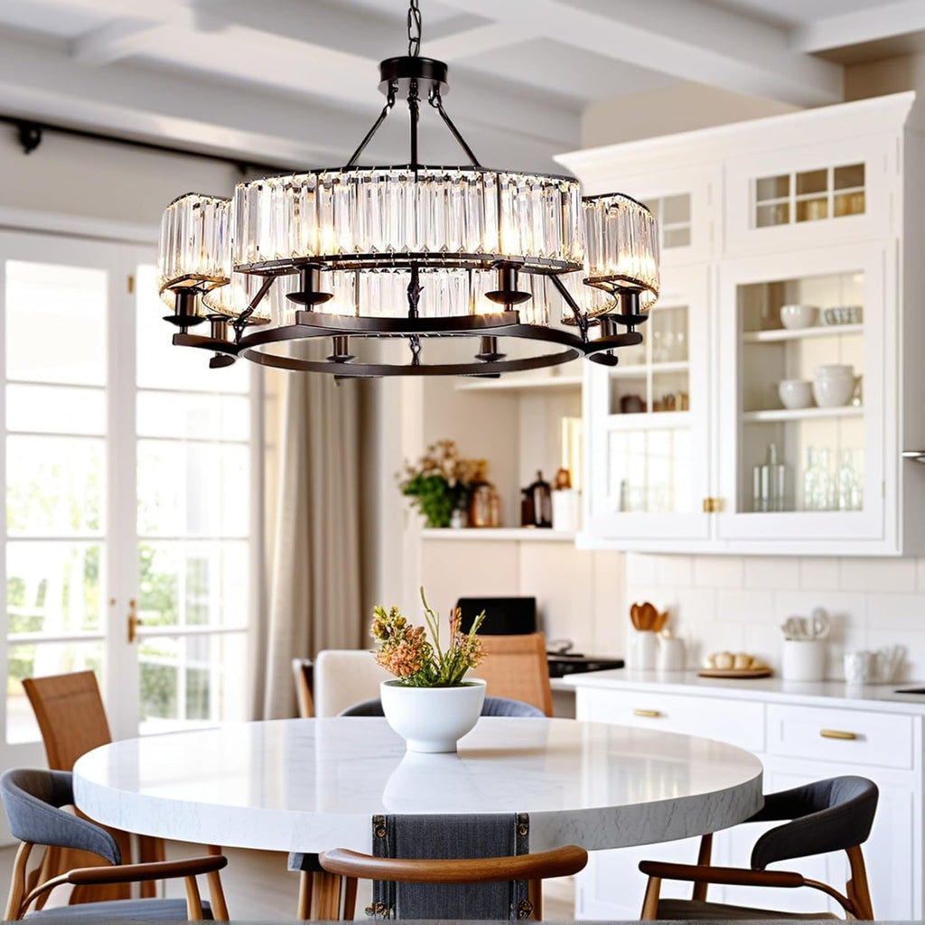 Farmhouse Crytal Chandeliers Dining Room Pendant Light Fixture Black Chandelier with K9 Crystal for Living Room Dining Room Foyer High Ceiling