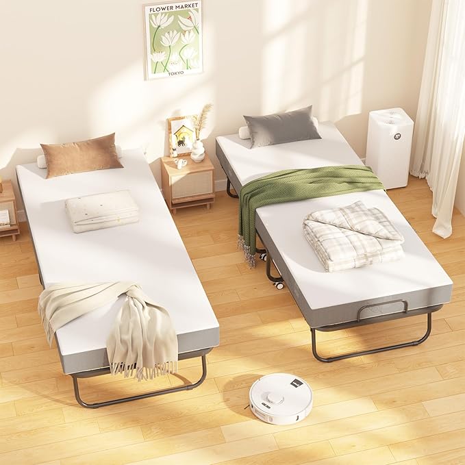 Folding Bed with Mattress, 75" x 31" Twin Size Rollaway Bed on Wheels, Foldable Metal Frame & Storage Pocket, Space-Saving Portable Cot for Adults, Home, Office, Apartment